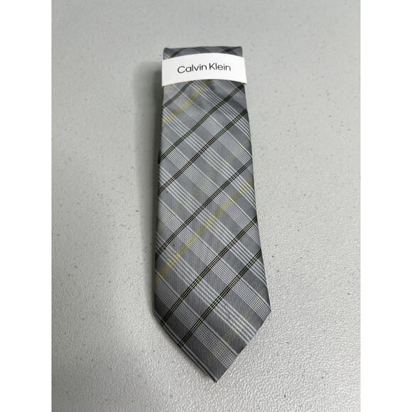 Calvin Klein Gray and Yellow Plaid Pattern Silk Blend Slim Designer Tie NWT - Picture 1 of 9